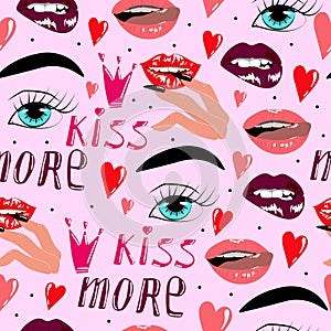 Pattern with female lips and fingers with long nails, vector seamless pattern with strawberries and painted lips, Bright summer pa